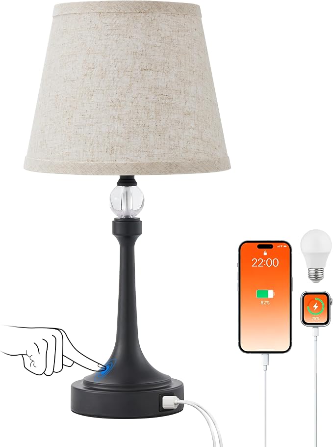 Touch Table Lamp with USB C+A Ports-Black 19.7'' 1pcs | 3 Way Dimmable Table Lamps for Living Room, Metal Small Lamp for Bedroom, Office, End Table, Home Decor, Bulb Included