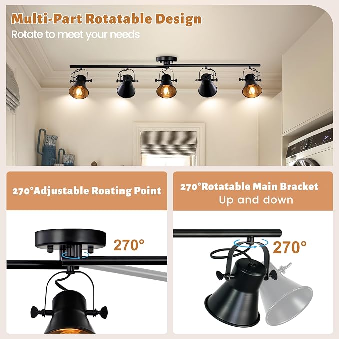 44" Farmhouse Track Lighting Fixtures Ceiling Black Track Light 5 Light | Rustic Track Light for Kitchen Bar Closet Living Room Spotlight,Directional 270°Rotatable Light Head