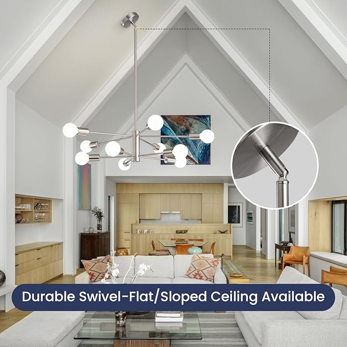 Modern Sputnik Chandeliers Light, 10 Lights Brushed Nickel Chandeliers for Dining Room, E26 Height Adjustable Chandelier Ceiling Lighting Fixture for Farmhouse Kitchen Island Living Room Foyer
