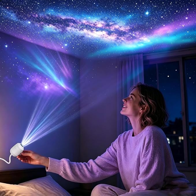 2027 New Smart Hd 5d Holographic Night Light Projector, Plug and Play Star , 360° Adjustable Hd Galaxy and Ocean Projector for Bedroom Ceiling (6Projection Films)