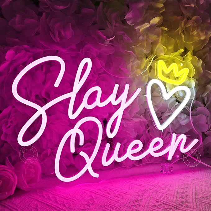 SYLHOME Slay Queen Led Neon Light Sign Heart Crown Bedroom Girls Game Room Cool Wall Sign Decor Teen Kids Birthday Party Decor 15.75" X 10.24" USB Dimmer