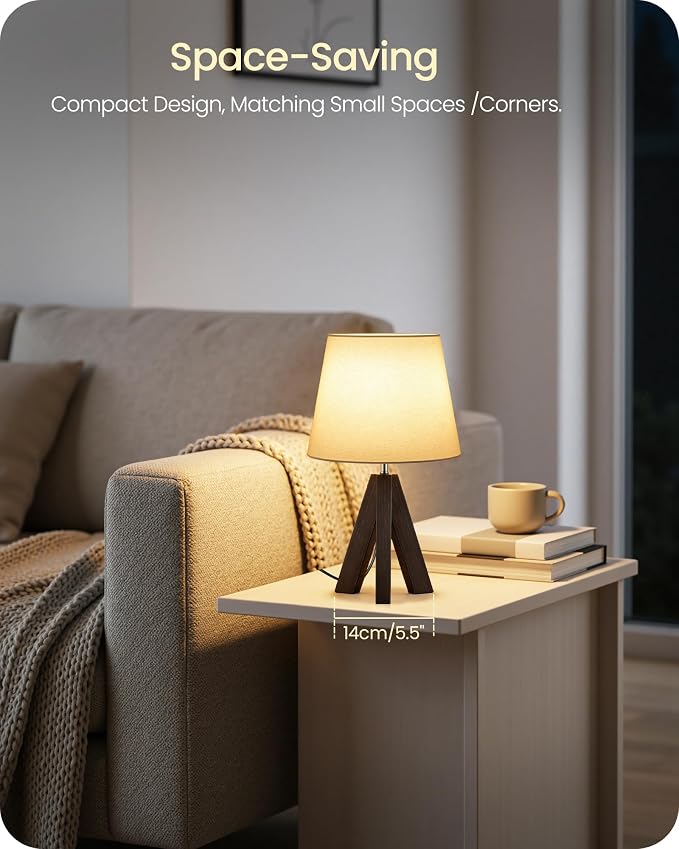 Small Table Lamp for Bedroom, 14.6" Bedside Lamp with White Linen Shade and Walnut Wood Tripod Base, Modern Nightstand Lamp for Living Room, Nursery, Entryway, E26 Socket, VW51TL05