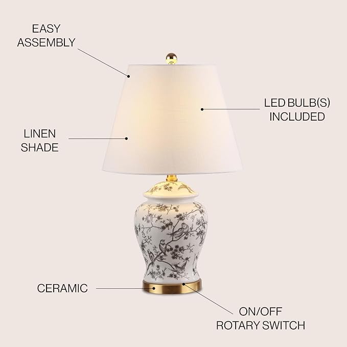 JONATHAN Y Penelope Ginger Jar 22" LED Table Lamp, Gray/White | Chinoiserie, Ceramic Metal Construction, French Country Traditional, Linen Empire Shade, Brass Gold, LED Bulb Included