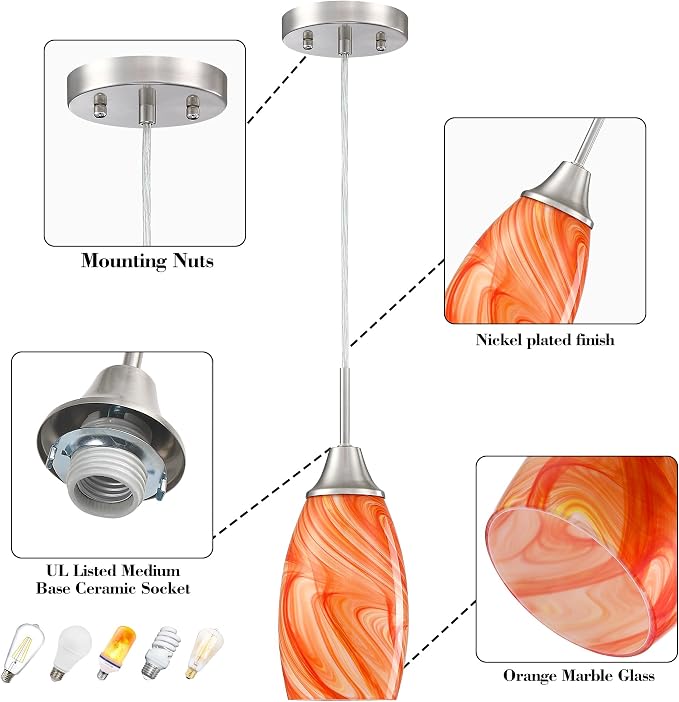 Viinew Mini Glass Pendant Light,3-Pack Orange Marble Glass Hanging Light | 4.72" with Handblown Glass Oval Chadelier,Glass Ceiling Pendant Light for Dining Room Kitchen Island Cafe Foyer