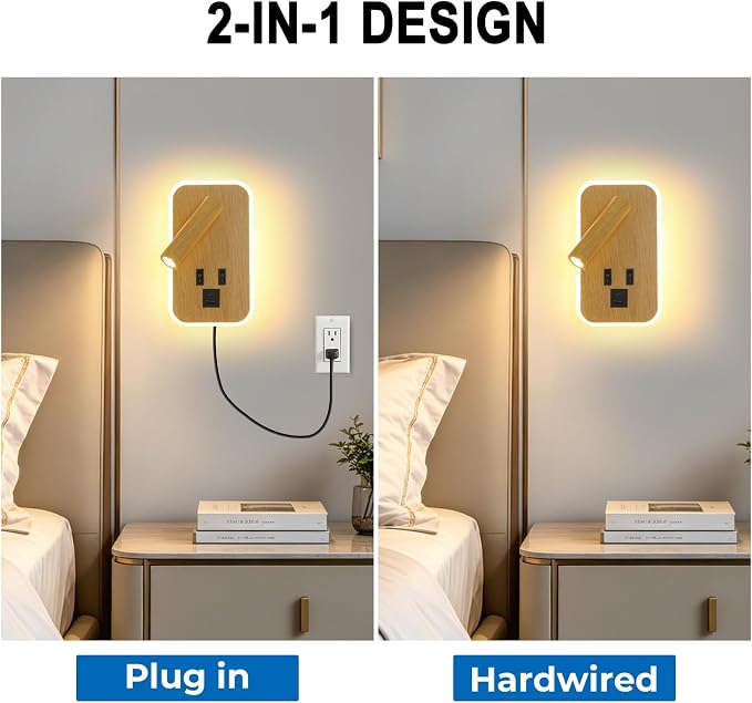 Wall Mounted Reading Lights with Wall Sconce Plug in&Hardwired | Wall Lights for Bedroom with USB C+A Ports, Bedside Lamp with 9W Night Light, Wood Color Reading Light Adjustable 350°Angle
