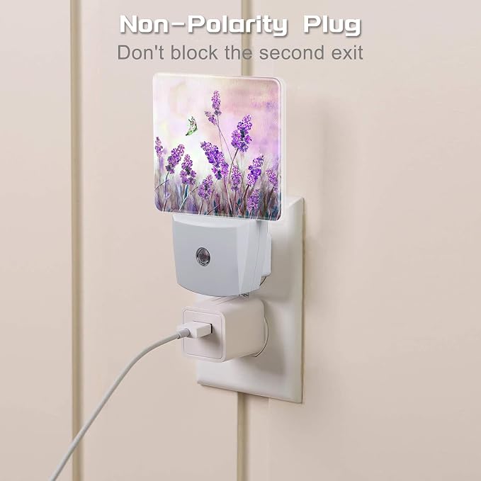 Purple Lavander Flowers Butterfly Night Light Plug into Wall,Watercolor Lavander Floral Dusk to Dawn Night Light,0.5w Energy Saving Sleep Friendly Nightlights for Kids Boys Girls Home