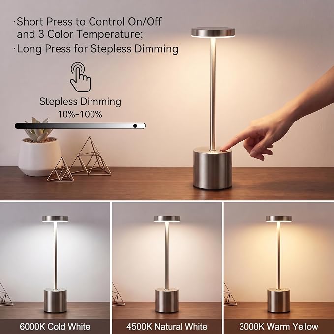 Silver Cordless Table Lamp 2Pack Rechargeable Portable Table Light | 5000mAH Battery 3 Color Stepless Dimming Waterproof LED Wireless Lamp for Dining Kitchen, Outdoor Patio, Touch Control