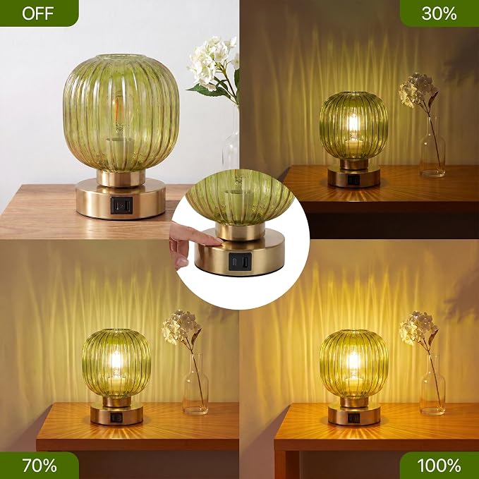 Elenhome Touch Table Lamp Set of 2, 3-Way Dimmable with Glass Shade, USB-C+A Charging Ports, Mid-Century Modern Small Bedside Lamps for Nightstand, Bedroom, and Living Room, LED Bulb Included (Green)