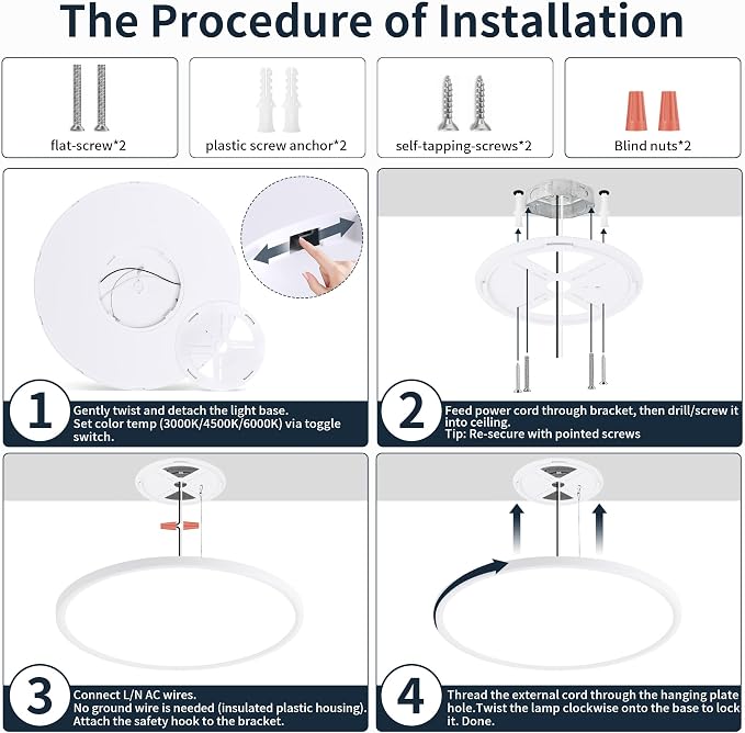 MOONSEA 24-Inch Flush Mount LED Dimmable Ceiling Light Round – 48W | 3000K/4000K/6500K by Toggle Switch, 0.98in Low Profile Ceiling for Bedroom, Kitchen, Brightness Dimmable with Dimmer