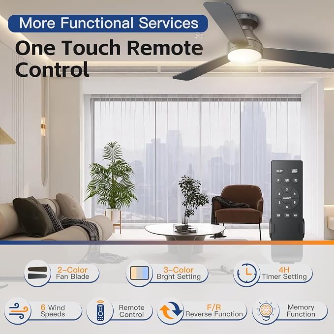 Ceiling Fans with Lights, 42 Inch Ceiling Fan with Light And Remote, 3CCT Flush Moun Low Profile Ceiling Fans, 6 Speed Noiseless LED Ceiling Fan, Black Ceilings Fan with Remote for Bedroom Living Room
