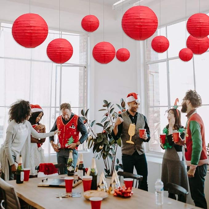 20Pcs Red Paper Lanterns for Parties, 6” 8” 10” 12” Chinese Asian Hanging Round Paper Lanterns for Birthday Wedding Halloween Christmas Home Decor Party Decor