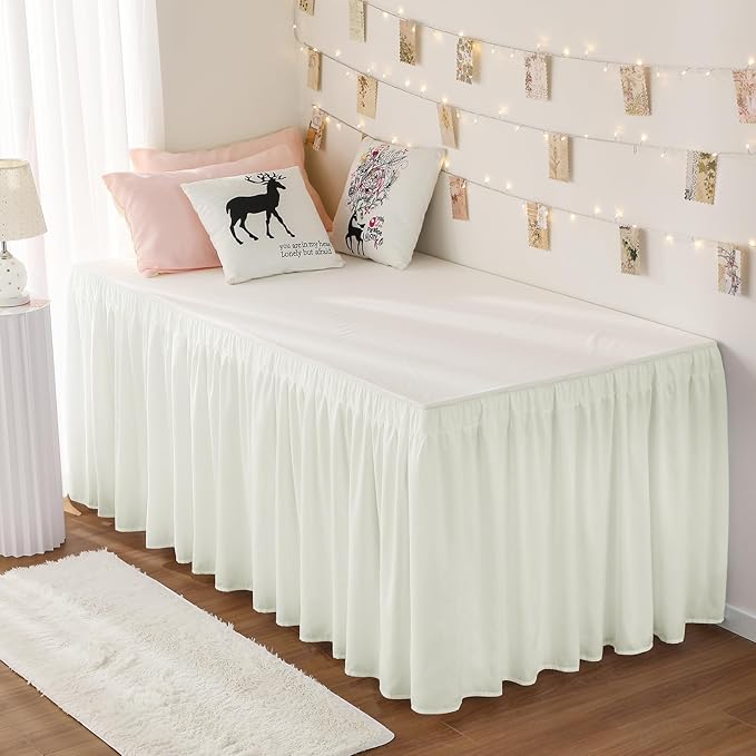RIMELA Dorm Bed Skirt Twin XL 42 Inch Drop, Easy to Install Extra Long Wrap Around Elastic Dust Ruffle, Cream Bedskirt Silky Fabric Machine Washable (Twin XL 80“L x 39”W & Twin 75“L x 39”W)