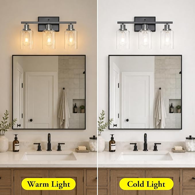Ascher Bathroom Vanity Light Fixtures, 3 Light Wall Sconces Lighting with Clear Glass Shade, Black and Brushed Nickel Wall Lights for Mirror, Kitchen, Living Room, E26 Base (Bulbs Not Included)