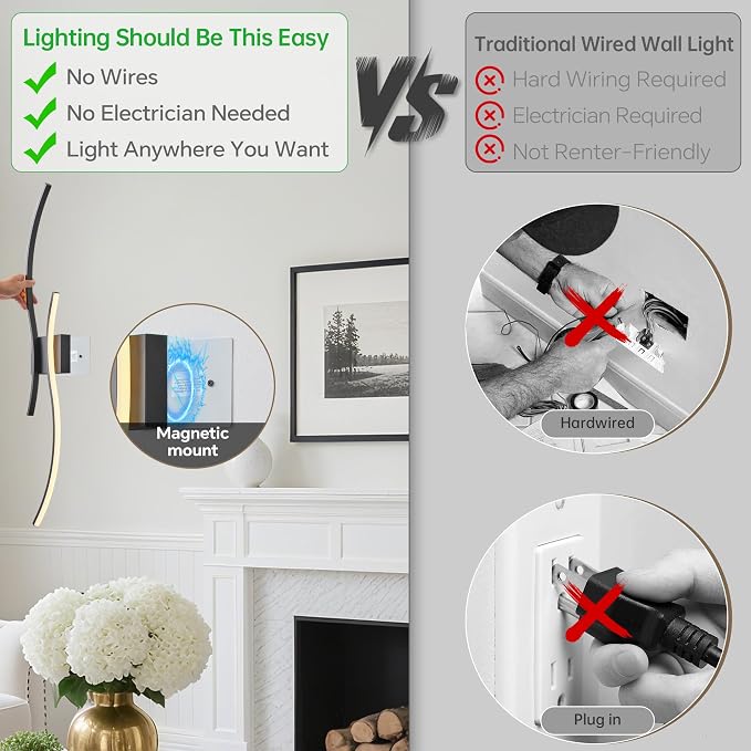 Battery Operated Wall Sconce Set of 2, Dimmable Modern LED Rechargeable Wall Light with Remote Control, Wall Decor for Living Room, Hallway, Quick Install, No Electrician Required