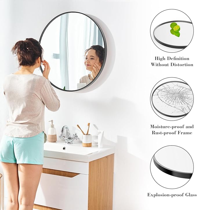 NEWBULIG Black Round Wall Mirror 28 Inch, Bathroom Mirrors for Over Sink, Wall Decor for Bathroom, Entryway, Bedroom, Vanity