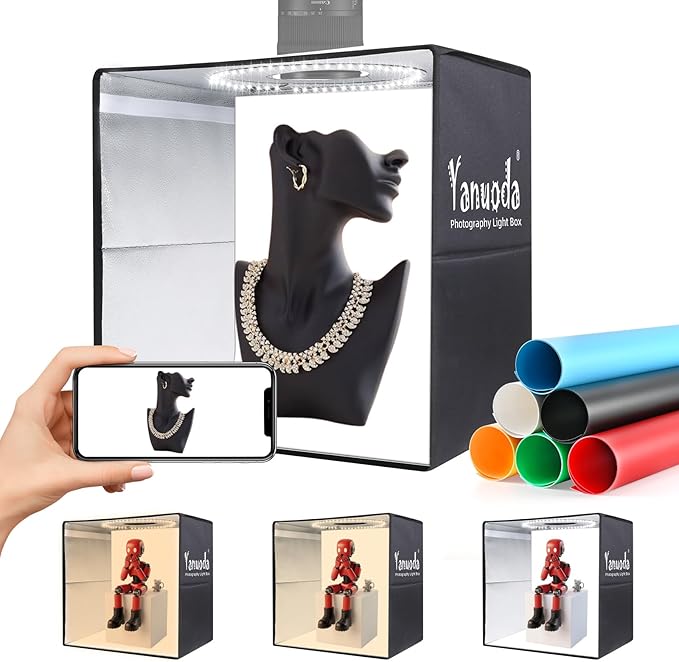16x16 Inch Photo Studio Light Box with 180 Dimmable LED Lights (CRI 95+), 3 Color Temperatures, 6 PVC Backdrops - Portable Foldable Shooting Tent for Product Photography: Jewelry, Food, Shoes