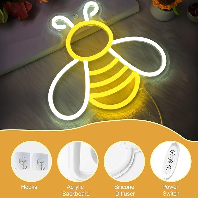 CoolGift Mart Bee Neon Sign - Dimmable Honey Neon Light Wall Decor, Birthday Party Decorations for Home, Patio, Garden, Bars, Hotels, Stores - Gift for Friends, Family, and Kids