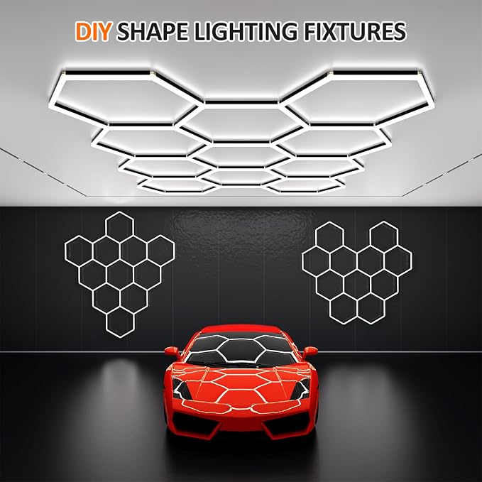 Black Hexagon Garage Lights 11 Hex, 6500K 38640 LM Super Bright Honeycomb LED Garage Ceiling Lights, Premium Car Detailing Lighting for Garage, Workshop, Gym, Barber Shop, Basement