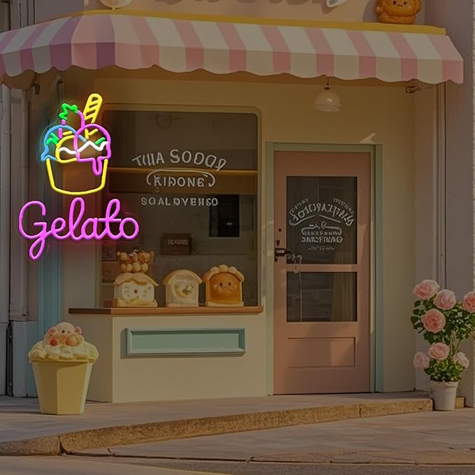 Ice Cream Neon Sign Gelato Neon Sign Dimmable Wall Decor for Store Game Room Kids Room Party Decoration 17.6 * 13.2 Inch