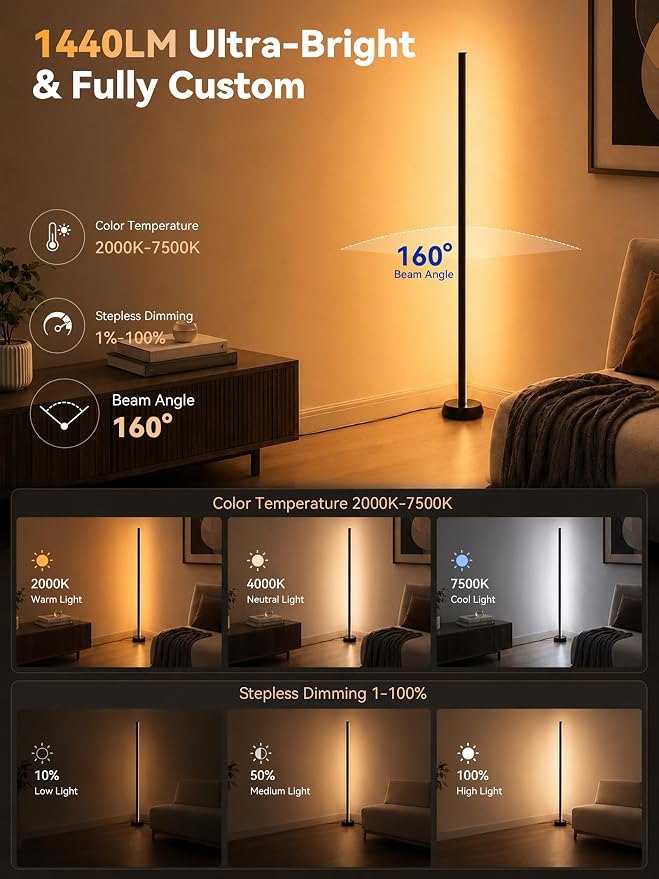 Smart LED Floor Lamp, RGBY+IC Corner Floor Lamp for Living Room | 36W Dimmable LED Floor Lamp with Alexa & App Control, DIY Color Effects, Standing Lamp for Gaming Room Bedroom Home Decor