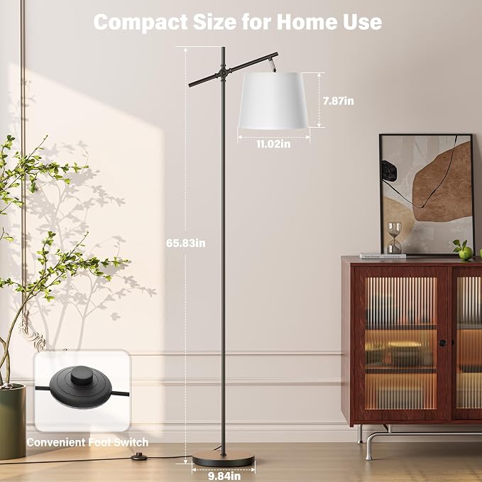 Floor Lamp with Linen Shade, Dimmable Tall Standing Lamp with Remote Control & 3 Color Temperatures Bulb, Modern Swing Arm Floor Lamps for Living Room Bedroom Office Corner