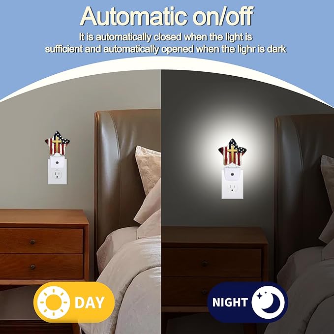 Night Light,American Flag Cross Plug into Wall with Dusk to Dawn Light Sensors,Vintage Warm Star Nightlights for Bedroom,Bathroom,Hallway,Kitchen Home Decor Desk Lamp