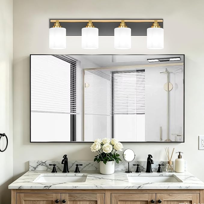 Black and Gold Bathroom Light Fixture, Modern 4 Light Vanity Lights for Bathroom Lighting Fixtures Over Mirror, White Glass Lampshade, Master & Guest bathrooms Bathroom Remodel, 27.5-inch