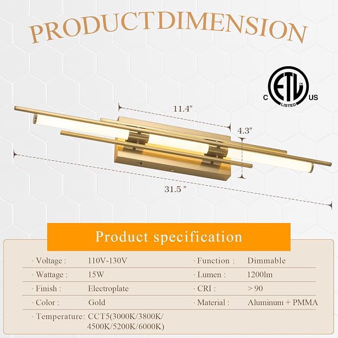 Gold LED Vanity Light 31IN Modern LED Bar Wall Light Over Vanity Mirror Hardwired Picture Light Dimmable Bathroom Wall Mount Lighting 5CCT(3000K/3800K/4500K/5200K/6000K)
