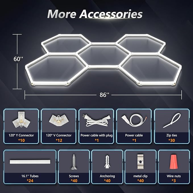 Bevenus Hexagon Garage Light, 168W 6500K Super Bright Honeycomb LED Ceiling Light, DIY Hex Lights for Warehouse Workshop Gym Barbershop Car Detailing Auto Beauty (5 Grids)
