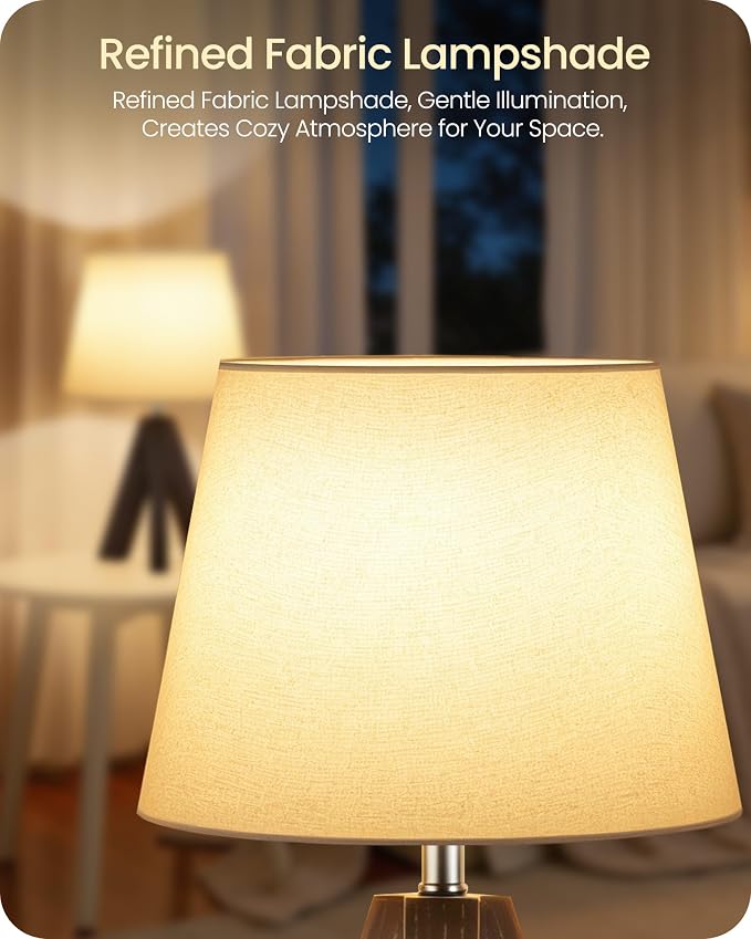 Small Table Lamp for Bedroom, 14.6" Bedside Lamp with White Linen Shade and Walnut Wood Tripod Base, Modern Nightstand Lamp for Living Room, Nursery, Entryway, E26 Socket, VW51TL05