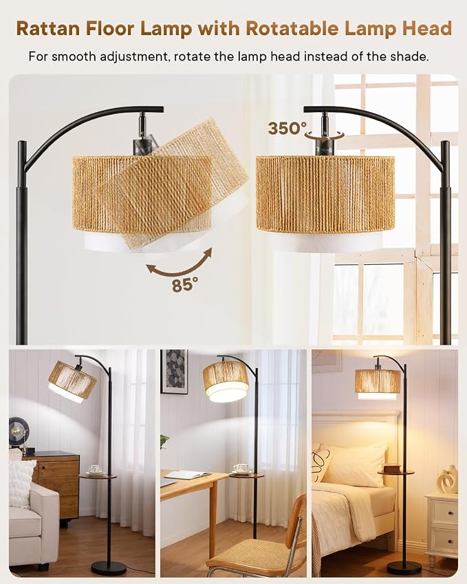 PESRAE Rattan Floor Lamp for Living Room with Side Table, Farmhouse Arc Floor Lamp with 3 Color Temperatures and Rattan & Fabric Lamp Shades, Boho Standing Lamp for Living Room, Bedroom Corner