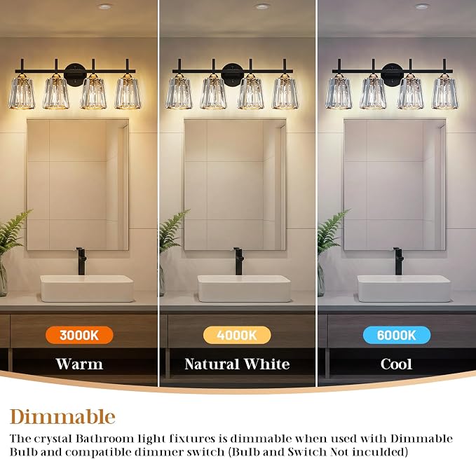 Crystal Bathroom Light Fixtures Over Mirror, Black Gold 4-Light Bathroom Vanity Lights Over Mirror Modern Wall Lighting Sconces with Ceramic E26 Base (Bulbs Not Include)