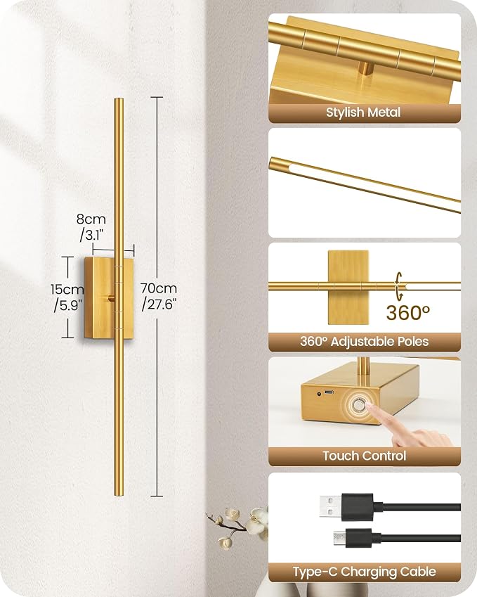 27.6" Wireless Battery Operated Wall Sconces Set of 2, Modern Rechargeable Lamp with Remote, 360° Rotation, 10000mAh, Touch Dimmable Lights for Bedroom, Living Room, Hallway, Gold D06YBP205
