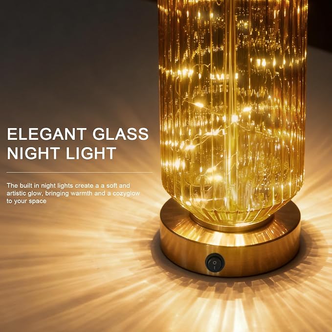 24.5" Bedside Table Lamps Set of 2, Amber Glass Nightstand Lamps with USB A+C Charging Ports and Night Light, Gold Modern Lamps for Bedroom, Living Room, End Table (2 Bulbs Included)