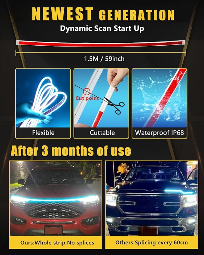 YM E-Bright Led Hood Light Strip Exterior Car Led Strip Light Waterproof Flexible DRL Dynamic Scan Start Up Hoodbeam Kit Daytime Running Lights for Car,Truck,SUV,12V 59inch,Ice Blue,1 Set