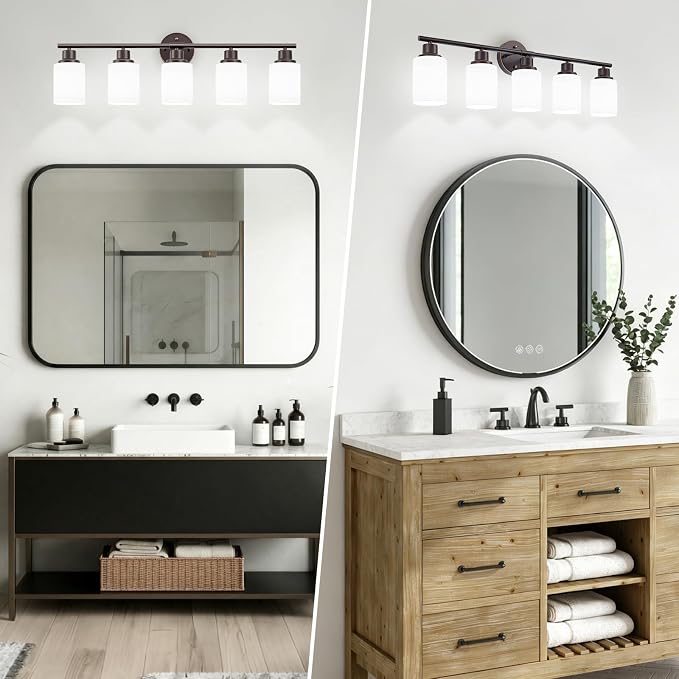5-Light Bathroom Light Fixtures, Oil-Rubbed Bronze Gold Vanity Lights for Mirror with Textured Milky White Glass Shade, E26 Modern Kitchen Light Fixtures Wall Sconce Light