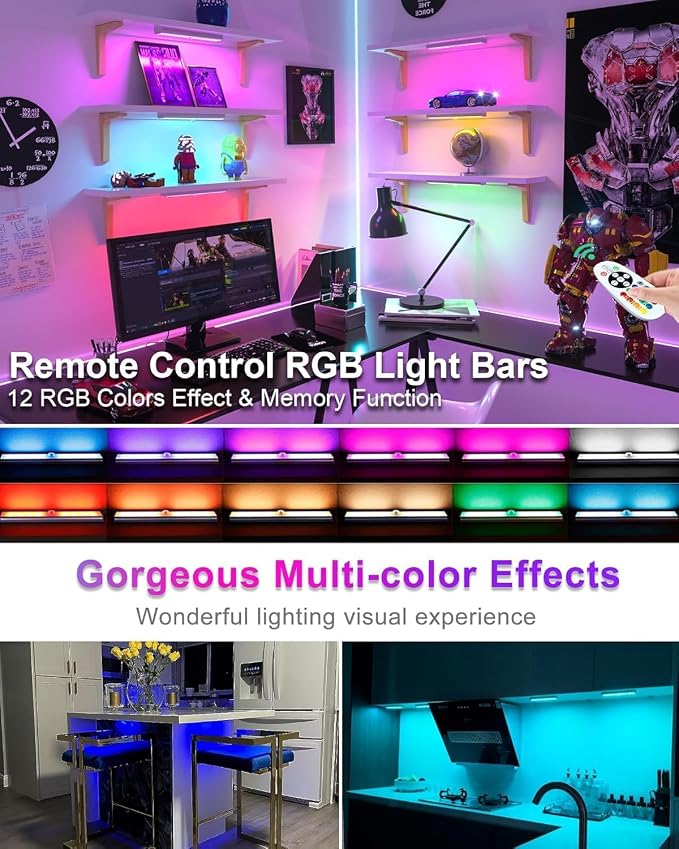 Under Cabinet Light Wireless with Remote, 15 Color RGB Magnetic Led Light Bar, 48-LED Rechargeable Closet Lights, 3 Timer & 4 Modes, LED Under Lighting for Kitchen, Pantry, Bedroom, Stairs (4 Pack)