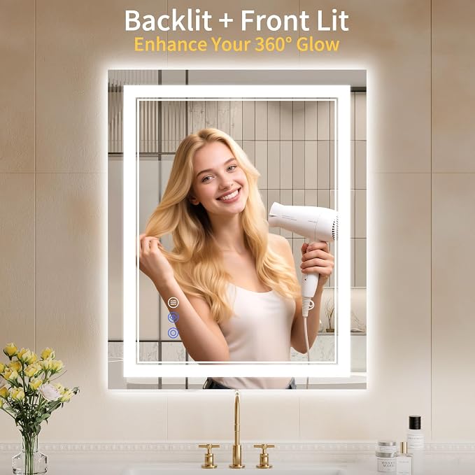 24"x30" LED Bathroom Mirror with Lights, Anti-Fog, Backlit + Front Lit, Dimmable, Led Vanity Mirror for Wall, Lighted Bathroom Mirror, 3 Colors, Shatter-Proof Tempered Glass