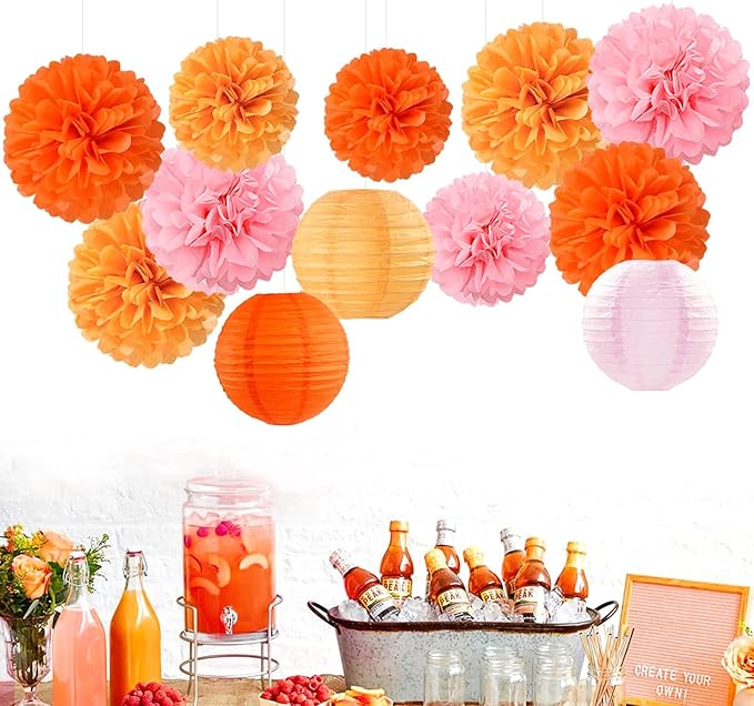 Pink-Orange Groovy Party-Decorations Paper-Flowers Lanterns - 15PCS Baby Shower Tissue Pom Poms Streamers, Fall Wedding Boho Birthday Bridal Bachelorette Sunset Hanging Supplies Decor Hugfond