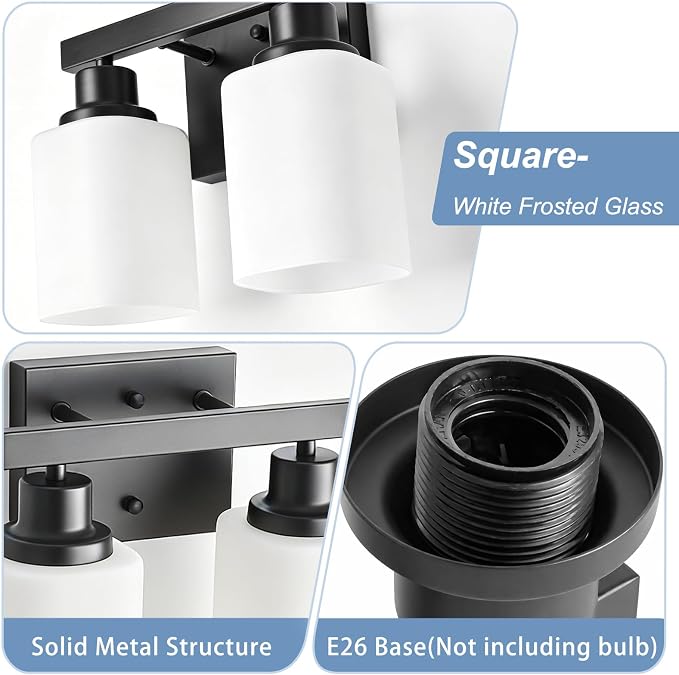 2 Light Bathroom Vanity Light,Matte Black Vanity Lights with Clear Glass,Bathroom Lighting Fixtures Over Mirror,Wall Light Fixtures for Living Room,Bedroom,Hallway(E26 Base)