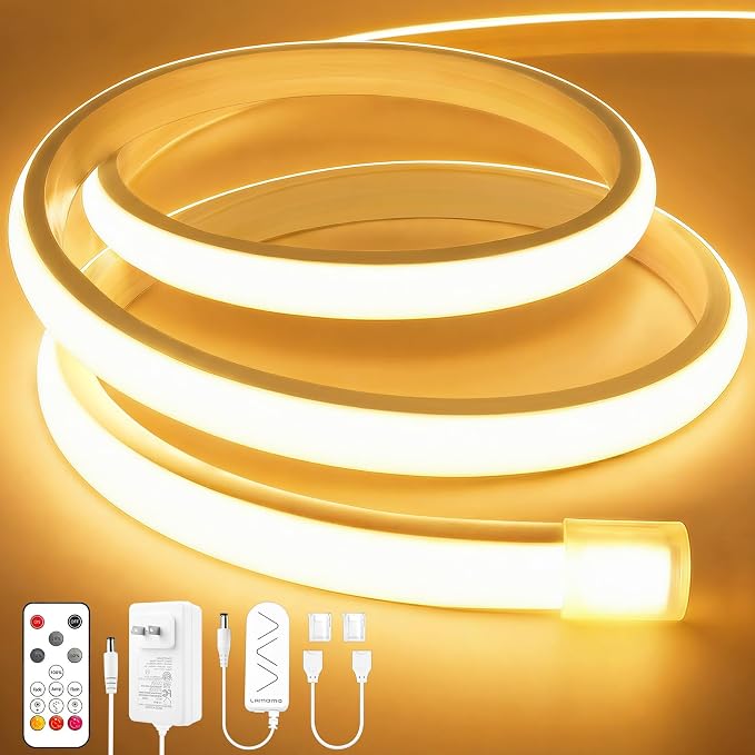 Lamomo COB LED Strip Lights 20Ft, Warm White Dimmable Self-Adhesive Led Rope Light with Remote, Flexible Cuttable Waterproof 3000K Silicone Neon Tape Light for Bedroom, Indoor, Cabinet, 10mm Width