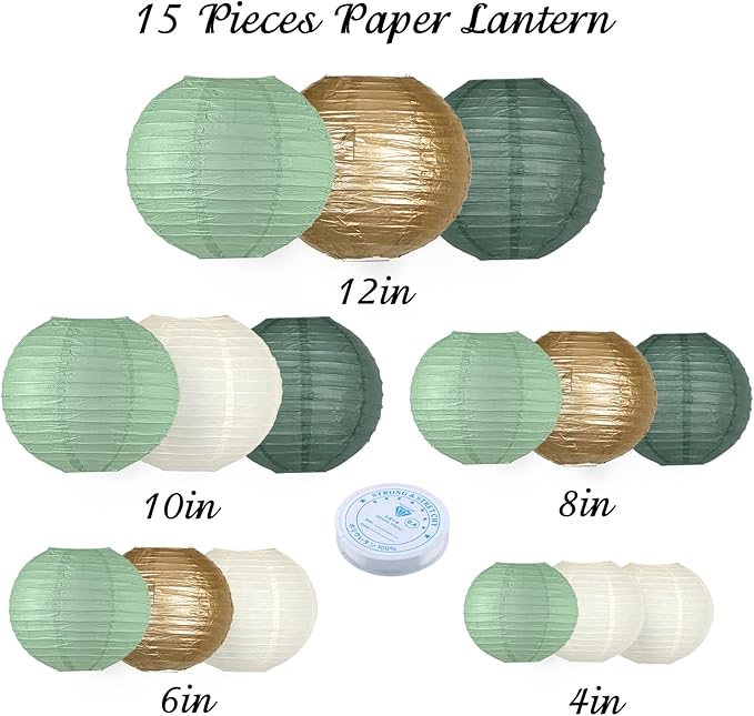 Paper Lanterns Party Decorations 15pcs - Sage Green Dark Green Gold White Round Hanging Decor for Rustic Wedding Graduation Bridal Shower Birthday Baby, Large Assorted Sizes 4-12 Inch