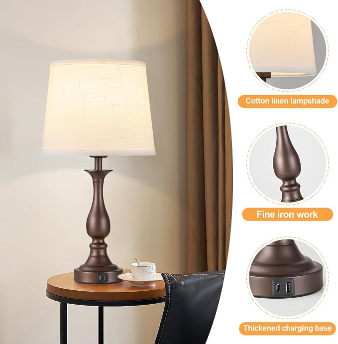 Bedside Table Lamp Touch Control Bedroom Lamps with USB A + C Charging Port 3 Way Dimmable Touch Lamps for Nightstand Living Room Bedroom Dorm Home Office Reading, Set of 2 (White Shade & Brown Base)