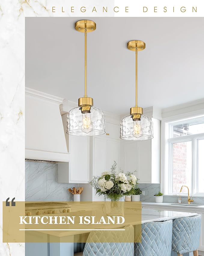 2-Pack Pendant Lights Kitchen Island, 8" Brushed Gold Hanging Light Fixtures with HHammered Glass, Modern Brass Kitchen Pendant Lighting Over Island for Dining Room, AD-24024-1P2L-GD-H