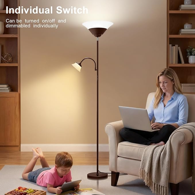 2-in-1 Torchiere Floor Lamp, 34W Super Bright LED Standing Lamp with Remote & Touch Control, 72" Dimmable Adjustable Corner Reading Lamp for Living Room, Bedroom, Office, Brown