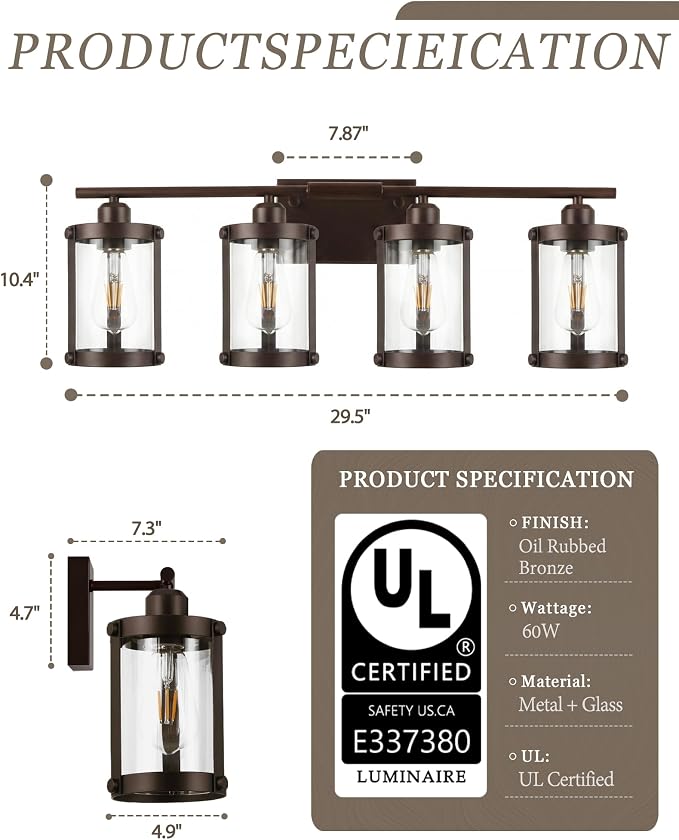 4-Light Oil Rubbed Bronze Bathroom Light Fixtures Over Mirror with Clear Glass and Metal Cage Shade, 29" UL-Listed Modern Farmhouse Wall Sconce for Bath, Hardwire E26, OS-3014ORB-4W