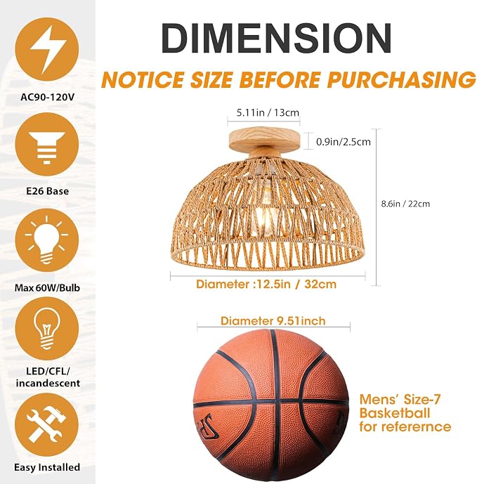 Boho Rattan Ceiling Light Fixtures Boho Lamp Shade Flush Mount Ceiling Light Hand-Woven Small Chandelier Wooden Base Chandelier Light for Hallway Bedroom Kitchen Nursery