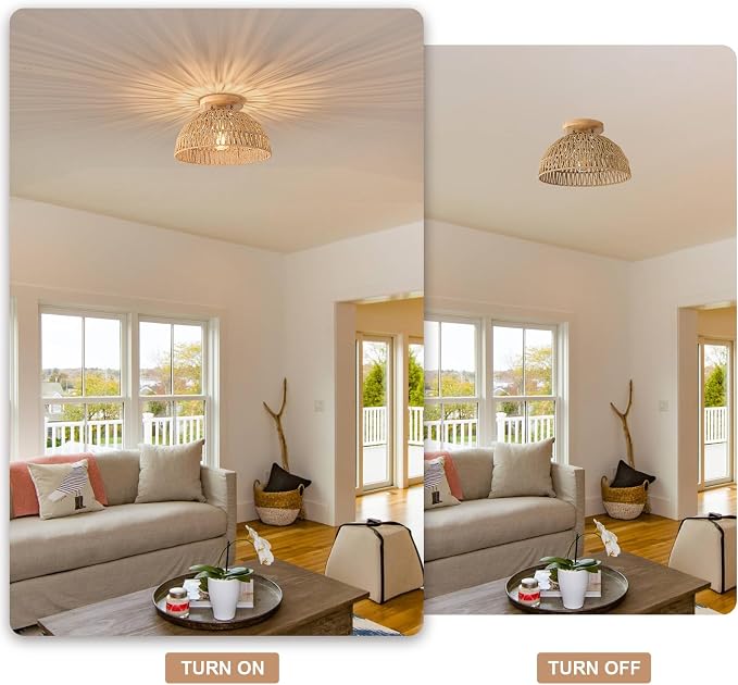 13 Inch Rattan Flush Mount Ceiling Lights Farmhouse Boho Ceiling Light Fixtures Rustic Wicker Hand Woven Rope Cage for Dining Room Kitchen Bedroom Foyer Hallway Entryway