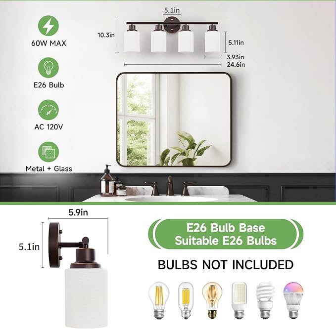 4-Light Bathroom Light Fixtures, E26 Oil-Rubbed Bronze Gold Vanity Lights for Mirror with Textured Milky White Glass Shade, Modern Kitchen Light Fixtures Wall Sconce Light