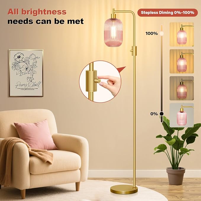 【Upgraded】 Dimmable Floor Lamp for Living Room with Pink Ribbed Glass Lampshade, Gold Modern Floor Lamp with 900LM LED Bulb Included, Arc Standing Tall Lamp for Bedroom, Office, Reading Room, Corner